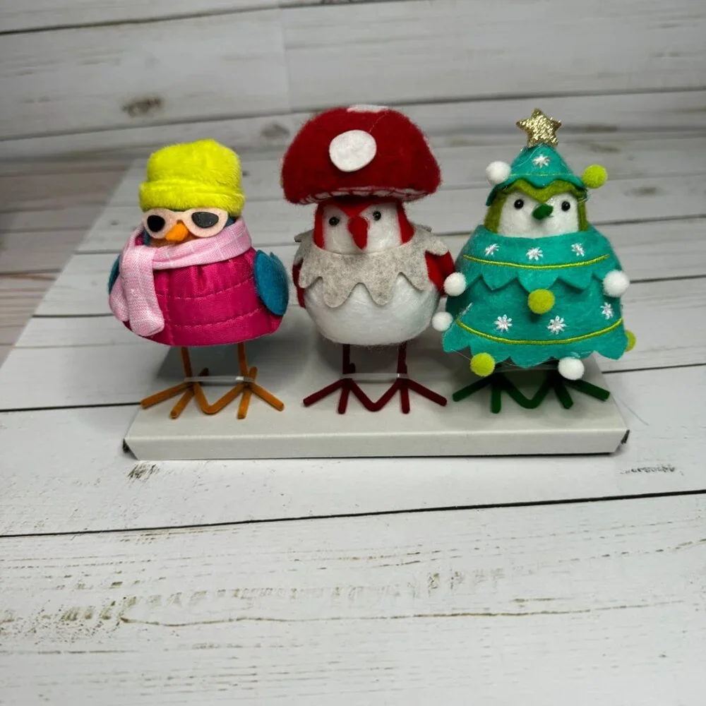 3pc Featherly‎ Friends Mini Fabric Christmas Bird Figurines WonderShop Brights